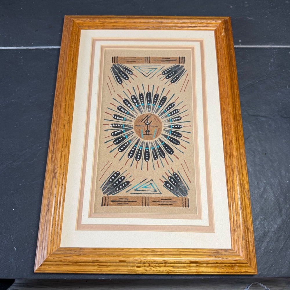 Authentic Navajo Sand Painting Sunshield by Dee Framed Native American Art 13x9
